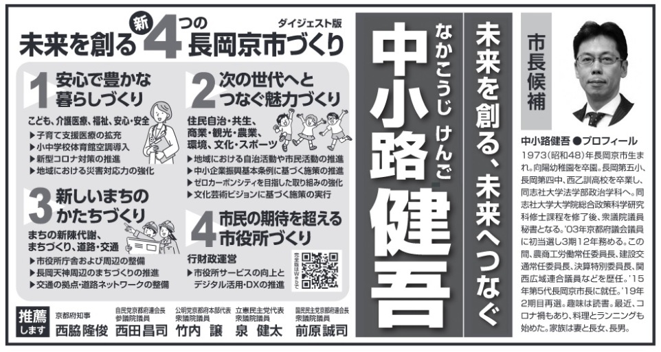 中小路健吾 長岡京市長候補の選挙公報 市長候補 なかこうじけんご 中小路健吾 未来を創る、未来へつなぐ ダイジェスト版 未来を創る新4つの長岡京市づくり 1.安心で豊かな暮らしづくり こども、介護医療、福祉、安心・安全▲子育て支援医療の拡充▲小中学校体育館空調導入▲新型コロナ対策の推進▲地域における災害対応力の強化 2.次の世代へとつなぐ魅力づくり 住民自治・共生、商業・観光・農業、環境、文化・スポーツ▲地域における自治活動や市民活動の推進▲中小企業振興基本条例に基づく施策の推進▲ゼロカーボンシティを目指した取り組みの強化▲文化芸術ビジョンに基づく施策の実行 3.新しいまちの かたちづくり まちの新陳代謝、まちづくり、道路・交通▲市役所庁舎および周辺の整備▲長岡天神周辺のまちづくりの推進▲交通の拠点・道路ネットワークの整備 4.市民の期待を超える市役所づくり 行財政運営▲市役所サービスの向上とデジタル活用・DXの推進 推薦します 京都府知事 西脇隆俊 自民党京都府連会長 参議院議員 西田昌司 公明党京都府本部代表 衆議院議員 竹内譲 立憲民主党代表 衆議院議員 泉健太 国民民主党京都府連会長 衆議院議員 前原誠司 中小路健吾プロフィール 1973(昭和48)年長岡京市生まれ。向陽幼稚園を卒園。長岡第五小、長岡第四中、西乙訓高校を卒業し、同志社大学法学部政治学科へ。同志社大学大学院総合政策科学研究科修士課程を修了後、衆議院議員秘書となる。'03年京都府議会議員に初当選し3期12年務める。この間、農商工労働常任委員長、建設交通常任委員長、決算特別委員長、関西広域連合議員などを歴任。 '15年第5代長岡京市長に就任。'19年2期目再選。趣味は読書。最近、コロナ禍もあり、料理とランニングも始めた。家族は妻と長女、長男 中小路健吾 長岡京市長候補の選挙公報 市長候補 なかこうじけんご 中小路健吾 未来を創る、未来へつなぐ ダイジェスト版 未来を創る新4つの長岡京市づくり 1.安心で豊かな暮らしづくり こども、介護医療、福祉、安心・安全▲子育て支援医療の拡充▲小中学校体育館空調導入▲新型コロナ対策の推進▲地域における災害対応力の強化 2.次の世代へとつなぐ魅力づくり 住民自治・共生、商業・観光・農業、環境、文化・スポーツ▲地域における自治活動や市民活動の推進▲中小企業振興基本条例に基づく施策の推進▲ゼロカーボンシティを目指した取り組みの強化▲文化芸術ビジョンに基づく施策の実行 3.新しいまちの かたちづくり まちの新陳代謝、まちづくり、道路・交通▲市役所庁舎および周辺の整備▲長岡天神周辺のまちづくりの推進▲交通の拠点・道路ネットワークの整備 4.市民の期待を超える市役所づくり 行財政運営▲市役所サービスの向上とデジタル活用・DXの推進 推薦します 京都府知事 西脇隆俊 自民党京都府連会長 参議院議員 西田昌司 公明党京都府本部代表 衆議院議員 竹内譲 立憲民主党代表 衆議院議員 泉健太 国民民主党京都府連会長 衆議院議員 前原誠司 中小路健吾プロフィール 1973(昭和48)年長岡京市生まれ。向陽幼稚園を卒園。長岡第五小、長岡第四中、西乙訓高校を卒業し、同志社大学法学部政治学科へ。同志社大学大学院総合政策科学研究科修士課程を修了後、衆議院議員秘書となる。'03年京都府議会議員に初当選し3期12年務める。この間、農商工労働常任委員長、建設交通常任委員長、決算特別委員長、関西広域連合議員などを歴任。 '15年第5代長岡京市長に就任。'19年2期目再選。趣味は読書。最近、コロナ禍もあり、料理とランニングも始めた。家族は妻と長女、長男